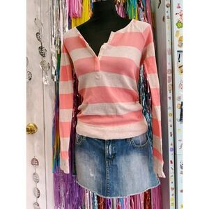 Vintage Y2K 2000s American Eagle Pink Striped Waffle Knit Henley